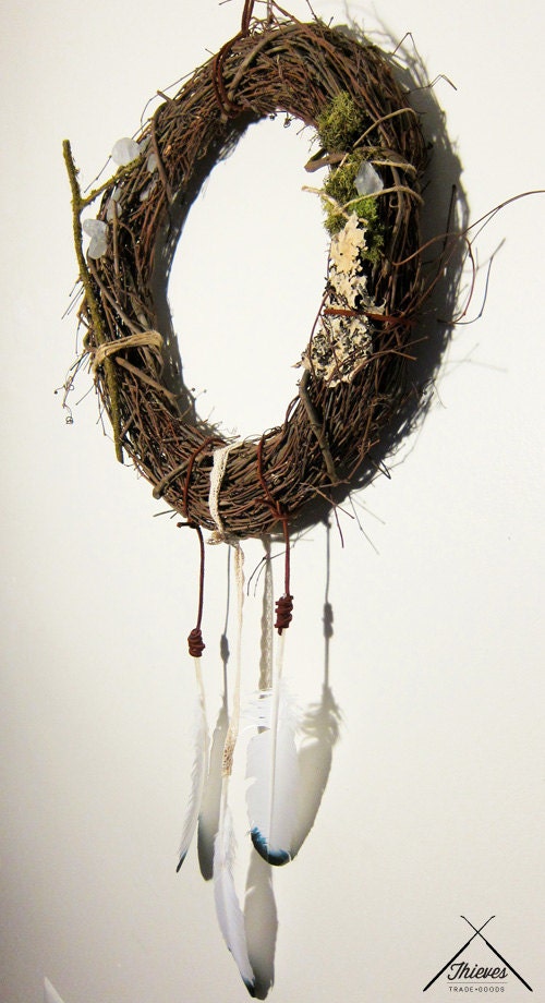 Large Twig Dream Catcher Wreath with Moss, Leather and Glass Stones
