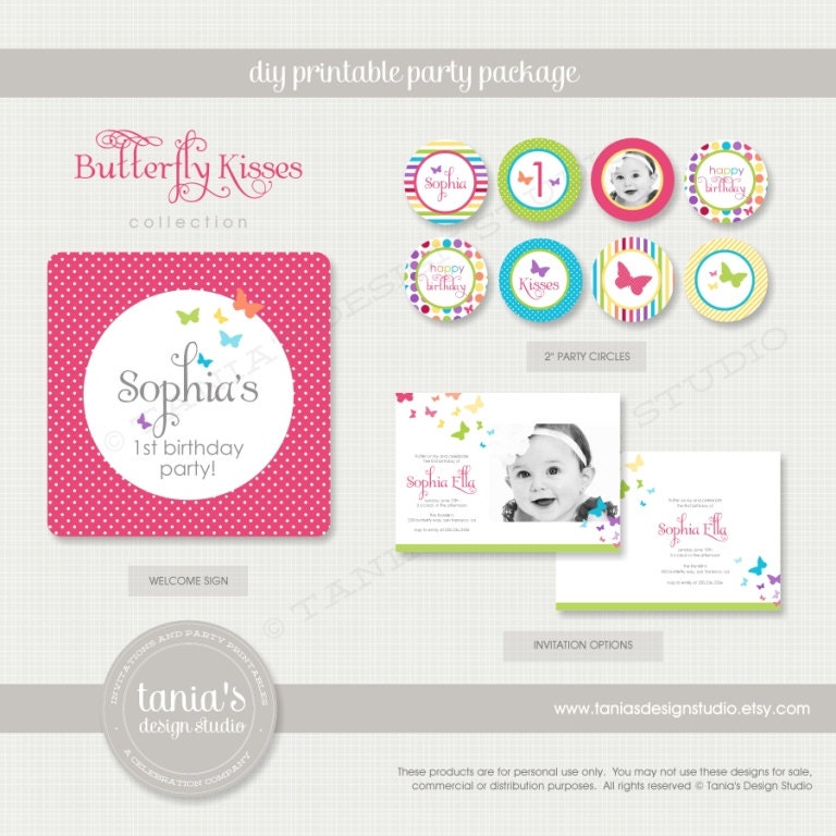 Butterfly Kisses Brights Printable Birthday Party Package by tania's design studio
