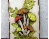 Vintage 70s Mod Mushroom Art Wall Hanging Decor Picture Kitsch Tissue Paper Decoupage Wood Artwork Handmade 3D