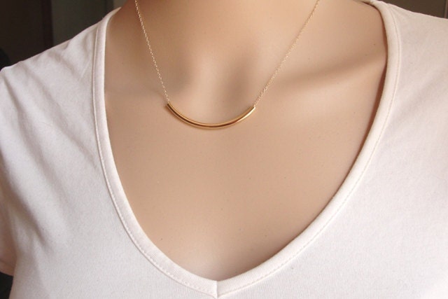 Goldfiled tube necklace, delicate dainty necklace, curved bar / tube and delicate gold filled chain for modern layering or minimalist wear