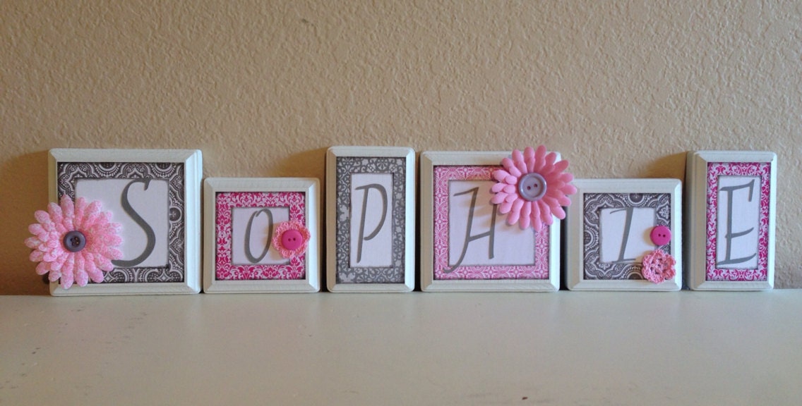 Nursery wall letters, personalized/custom baby name letters, girl nursery decor, kid /child wall art, pink, grey, gray letter block, gift
