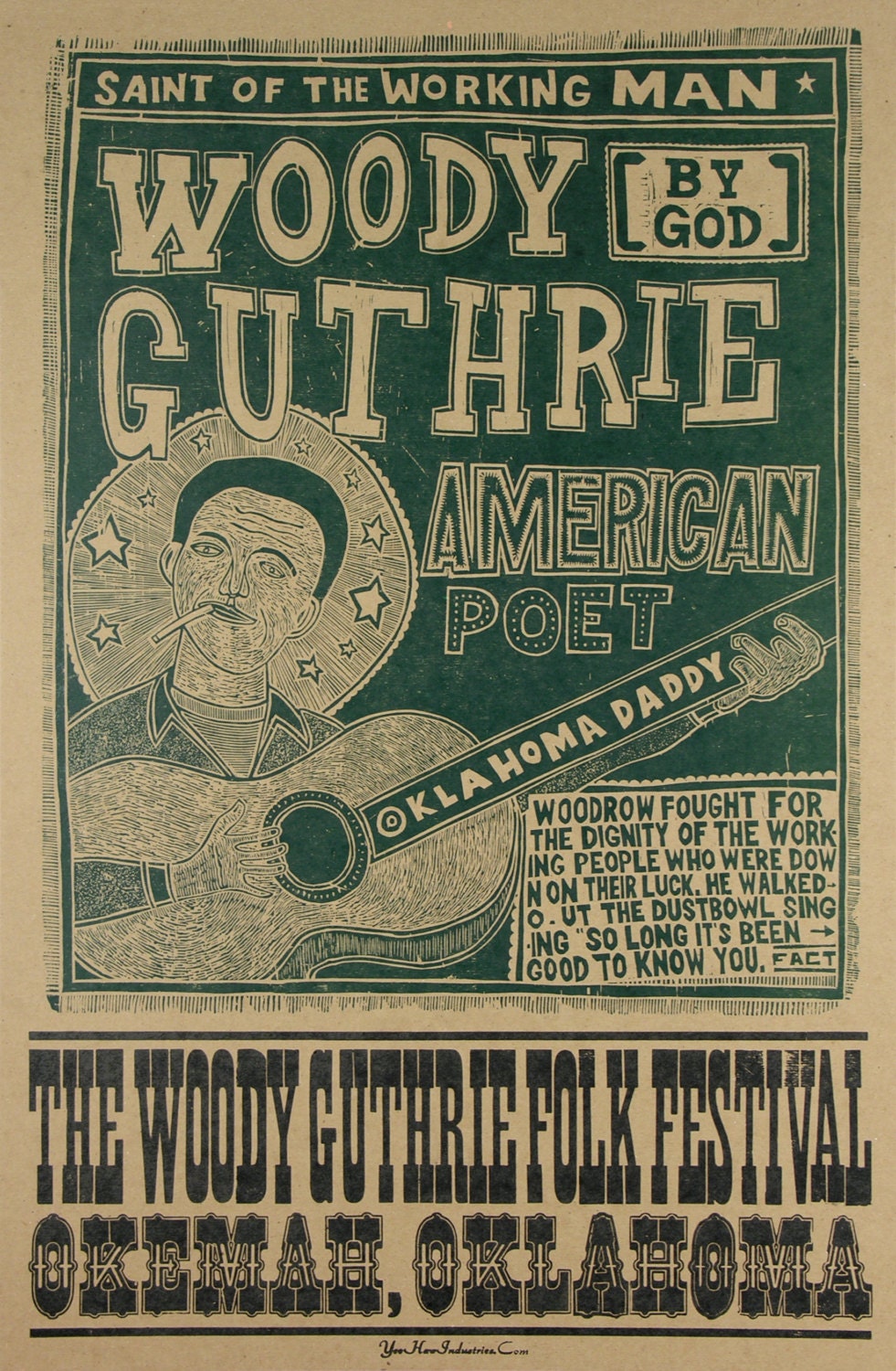 WOODY GUTHRIE  Folk Festival Hand Printed Letterpress Poster