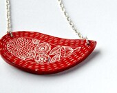 Poppy Red Ceramic Pendant Necklace with Hand Carved Floral Design and Silver Chain