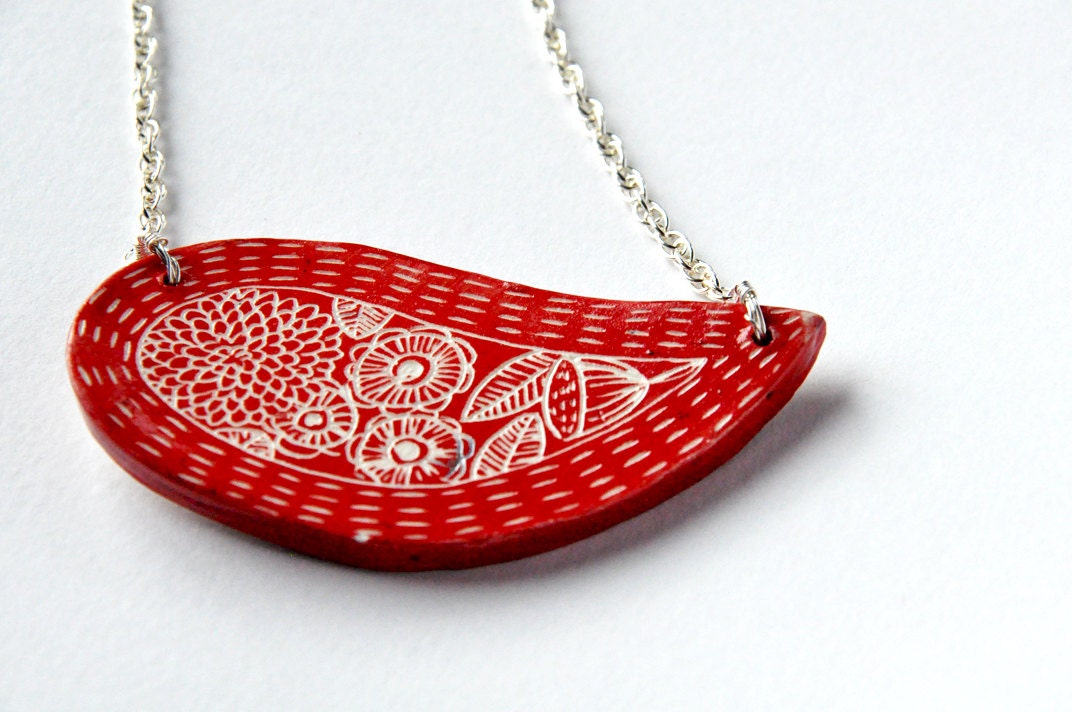 Poppy Red Ceramic Pendant Necklace with Hand Carved Floral Design and Silver Chain