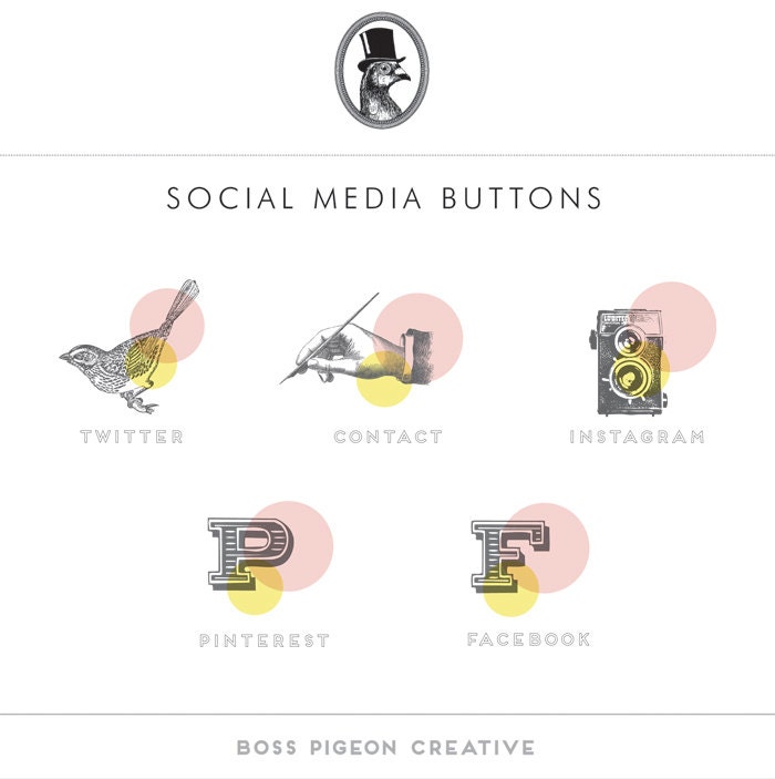 Five Social Media Buttons for Website or Blog Vintage Pink and Yellow spots