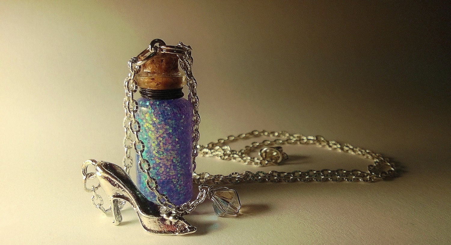 Cinderella Vial Necklace - Disney Inspired - Handmade, Corked Glass Bottle - Blue Silver Slipper Shoe Charm