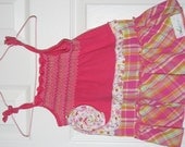 Upcycled, Altered Pink 2T Sundress pink and madres plaid with fabric flower embellishments, ooak