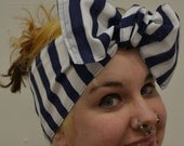 Blue and white striped rockabilly/ Retro 50s, vintage inspired pin-up style hair bow, hair scarf/ hair wrap/ bandana.