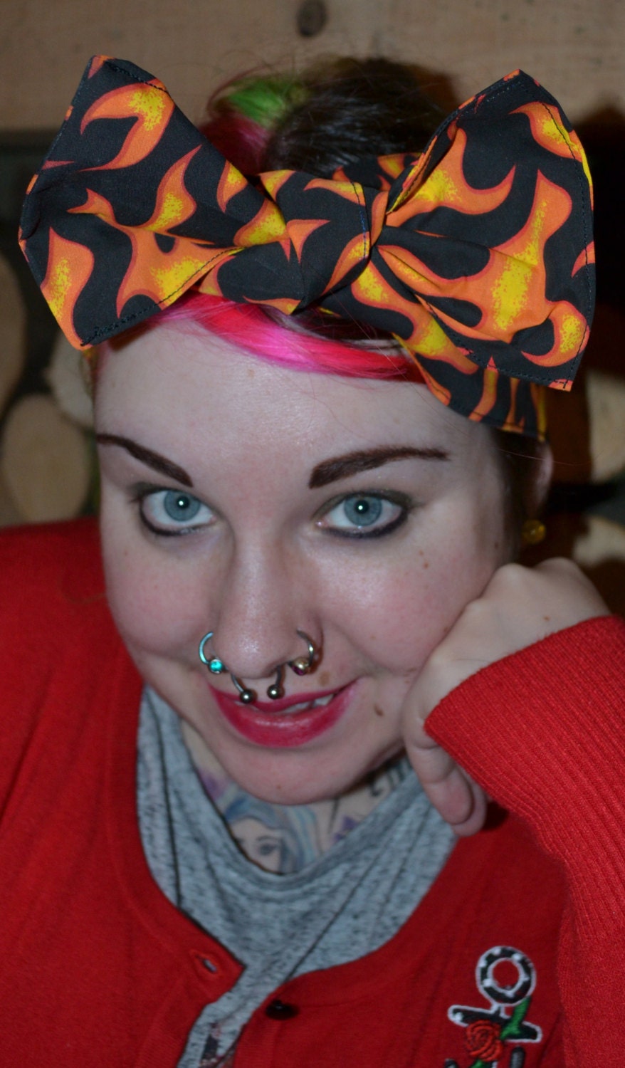 FLAMES rockabilly/ Retro 50s, vintage inspired pin-up style hair bow, hair scarf/ hair wrap/ bandana.
