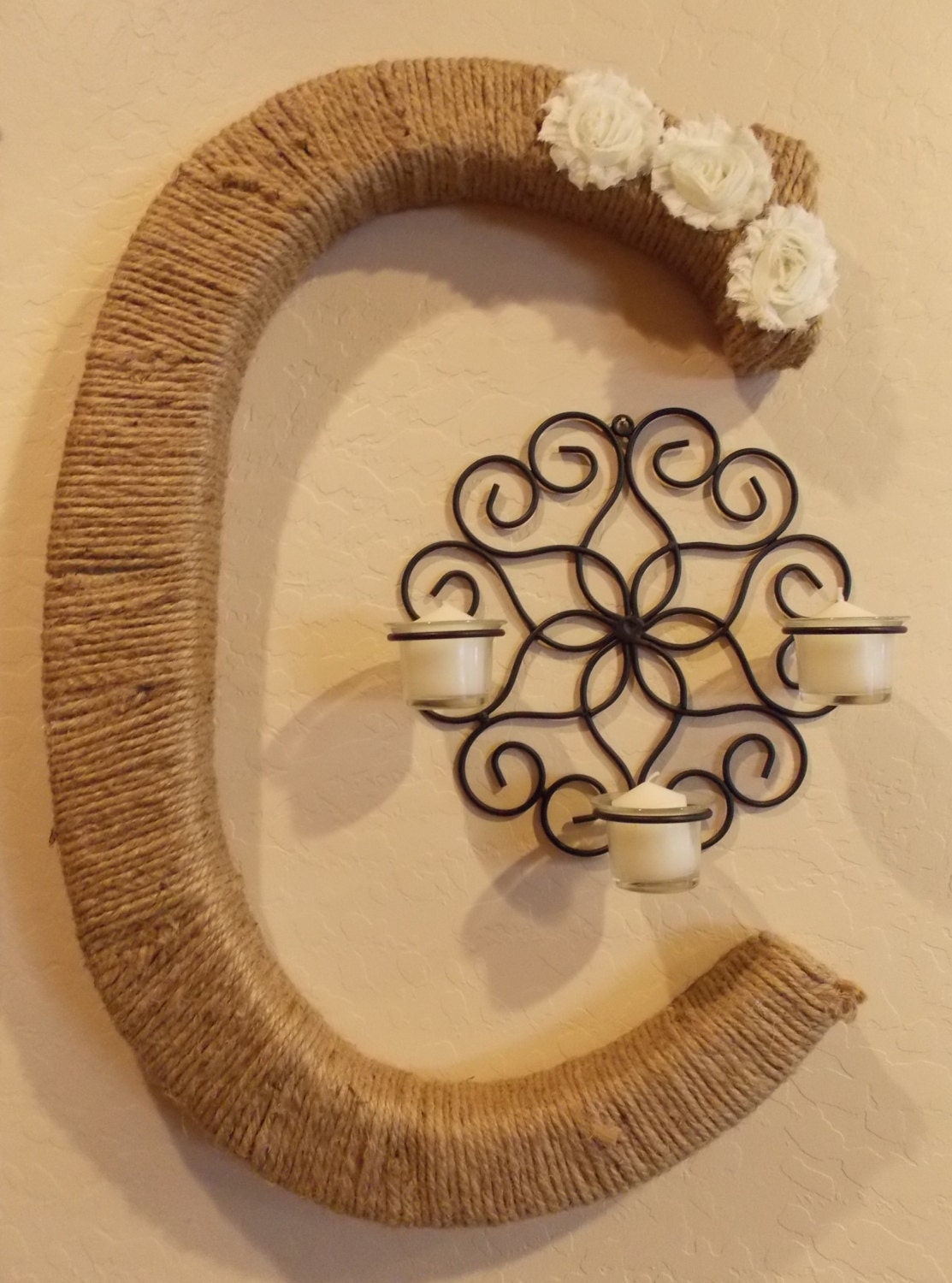 Personalized 24 Inch Jute Letter with Floral Accents - Monogram Twine Wrapped Wreath - Rustic Home Decor