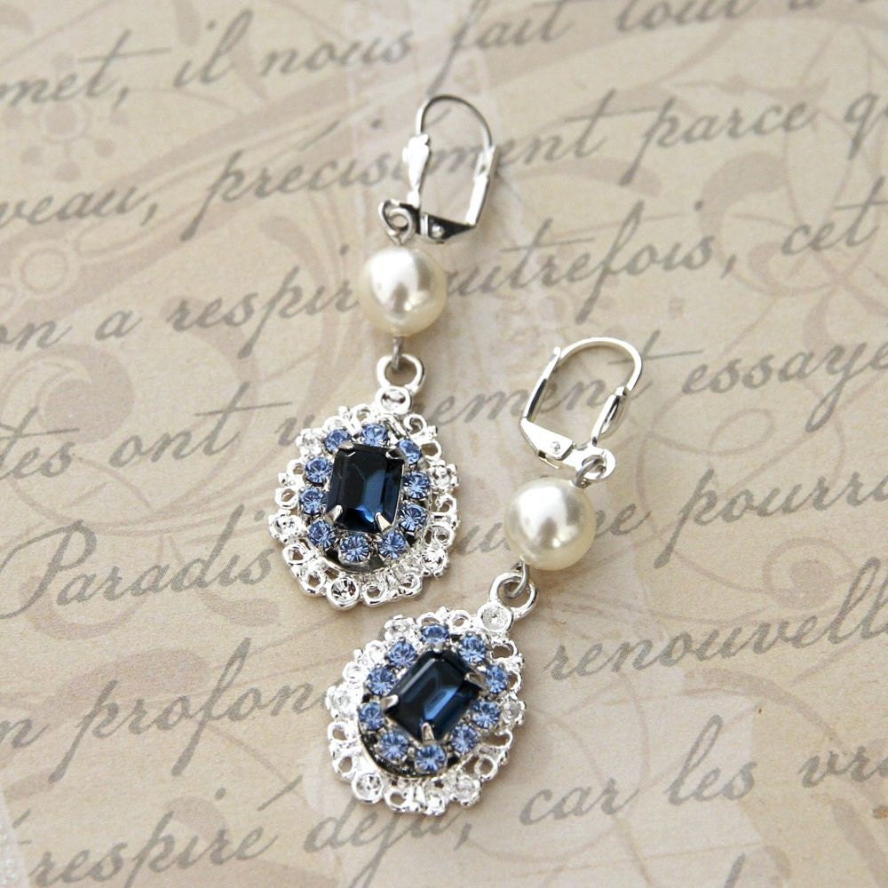 Bridal Earrings Vintage Style Wedding Jewelry Bridesmaid Earrings Sapphire Blue Swarovski Crystal Earrings Swarovski Pearl Earrings