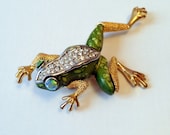 Crystal Frog Brooch // Vintage Gold Tone Brooch // Silver Tone Brooch // Vintage Green Gold Tone Silver Tone Jewel Crystal Frog Brooch
