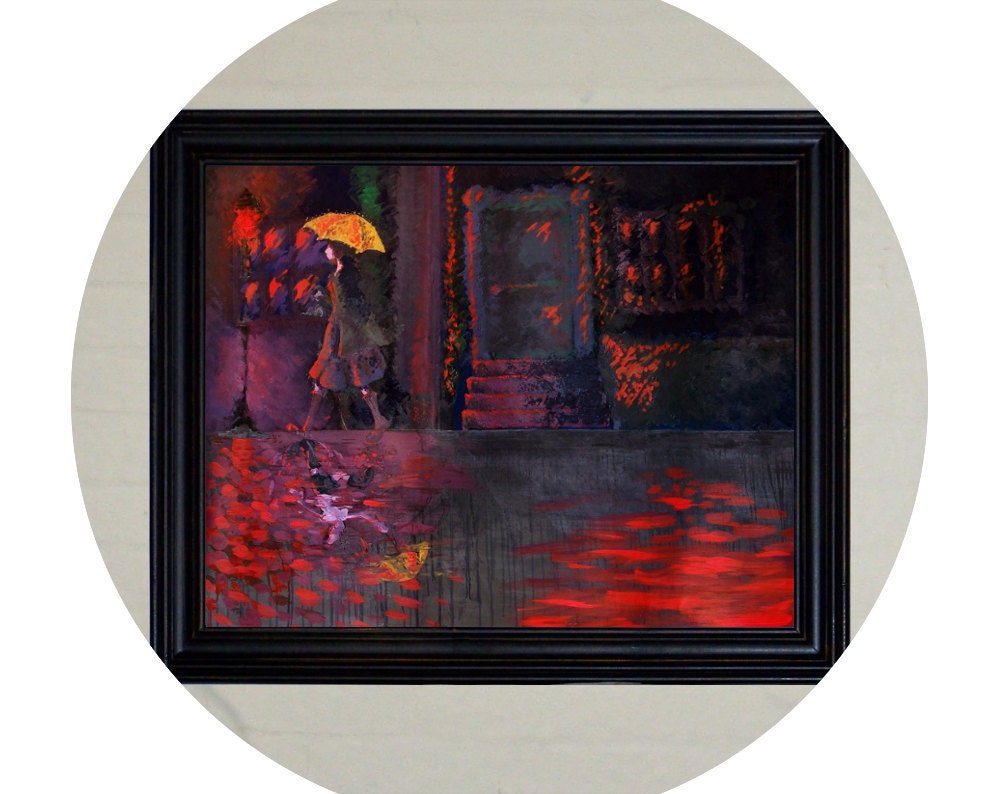 24x18//Lady in the Rain Inner Child in Reflection//Original Acrylic Painting//Reproduction Print Fine Art Wall Poster//Other Sizes Available