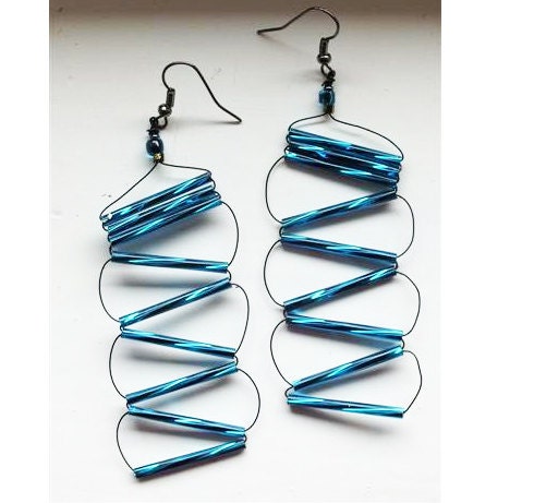 Earrings zigzags, geometric handmade, long, openwork, very light earrings, black, blue, wire elegant unique jewelery, OOAK