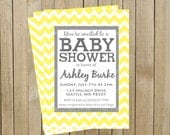 Trendy Yellow Chevron with Gray Baby Shower Invitation, Custom Digital File, Printable
