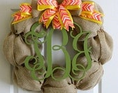 Burlap Front Door Wreath With Bow and Monogram Initials - Colorful Chevron Ribbon