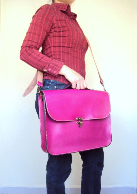 Magenta Pink Leather Laptop Bag ,Fuchsia Leather ,Briefcase ,Messenger Bag ,Shoulder Bag ,Satchel ,for men ,for women ,unisex ,mothers day