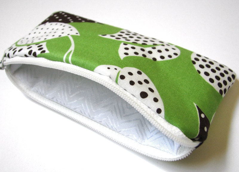 Small Zipper Pouch, White and Dark Brown Leaves on Apple Green