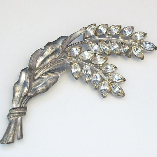 Antique Rhinestone & Silver Tone Floral Spray Brooch Pin SKU 105063