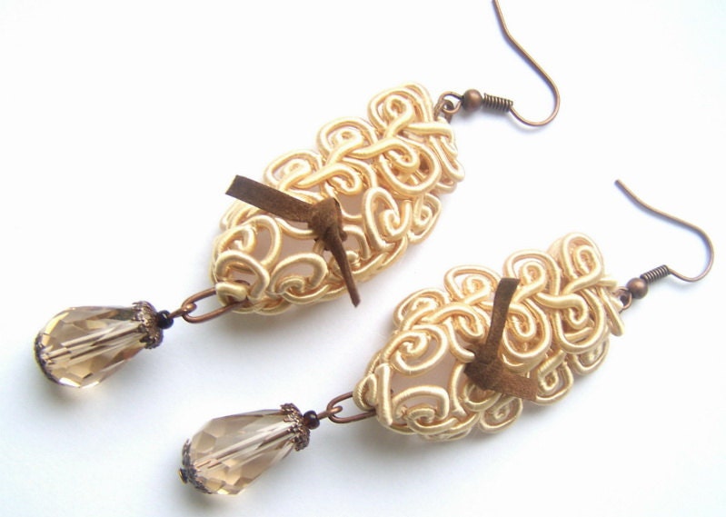 Fiber lace renaissance style feminine textile dangle earrings brown suede tear crystal filigree copper metal handmade CREAM LACE