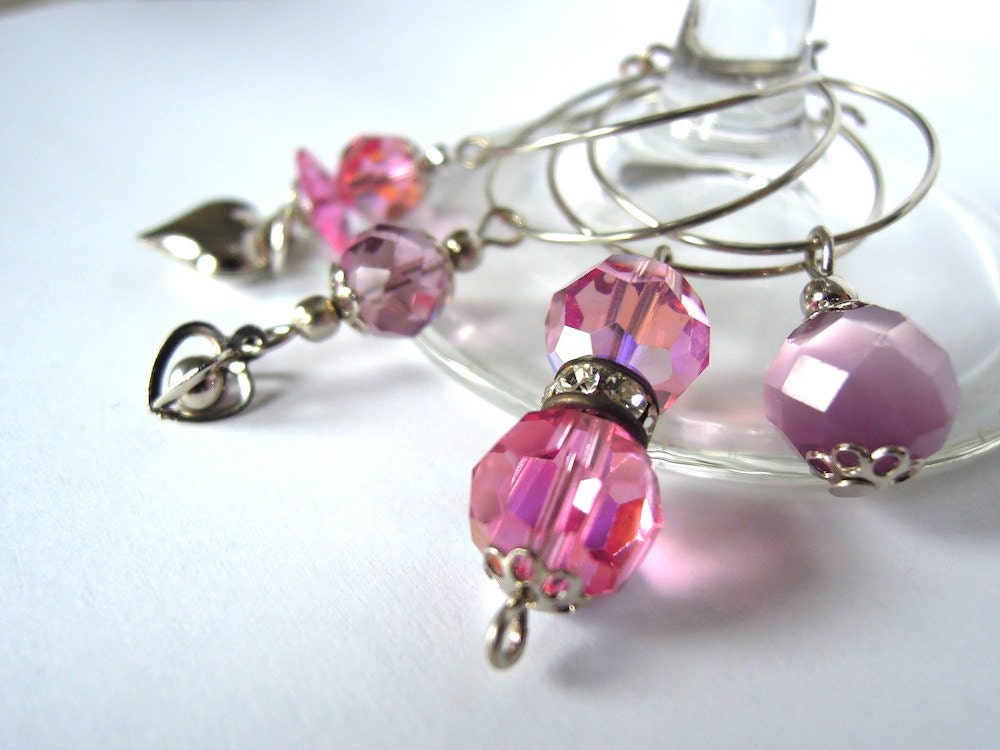 Lovely Romance Swarovski Crystal Wine Charms - Purple and Pink Crystals with heart charms