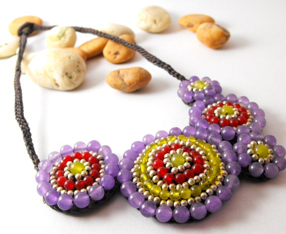 Handmade Necklace with Colorful Agates Pastel Style - AmaritaProject