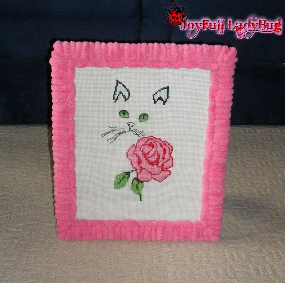 Framed Counted Cross Stitch Picture, Cat with green eyes, fluffy,  rose, pink, large, big, flower, girl present, gift - JoyfulLadyBug
