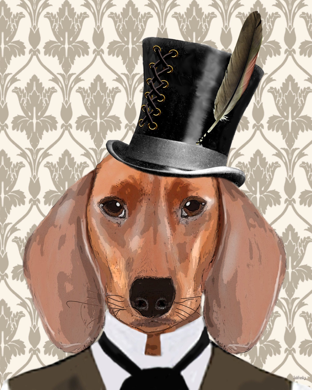 Dachshund Dog 8X10 With Top Hat Art Poster Original Illustration Mixed Media Digital Print, Doxie Weiner Dog