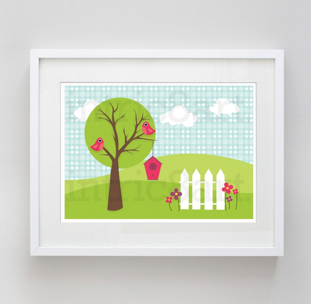 Birdhouse birds in the park digital illustration 5 x 7 print