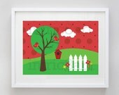 Birdhouse birds in the park digital illustration red 5 x 7 print