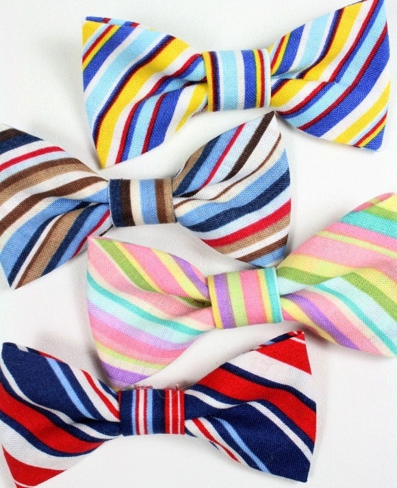 Dog Cat Bow Tie LARGE Stripes Red Blue Yellow Brown 5" x 3" Removable Wedding Formal fits 1" W Collars