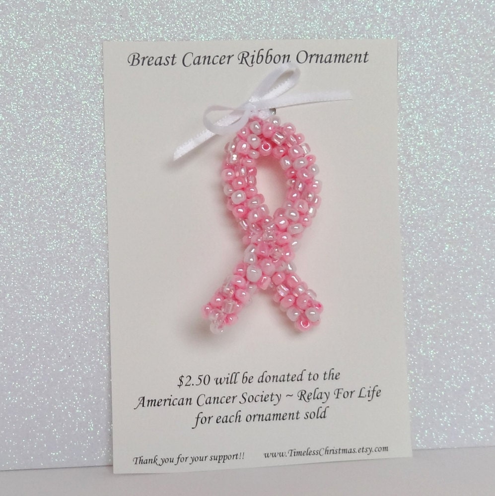 Breast Cancer Ribbon Ornament - Bead Crochet - American Cancer Society Relay for Life Donation - Original 3D Design - Gifts under 10 dollars