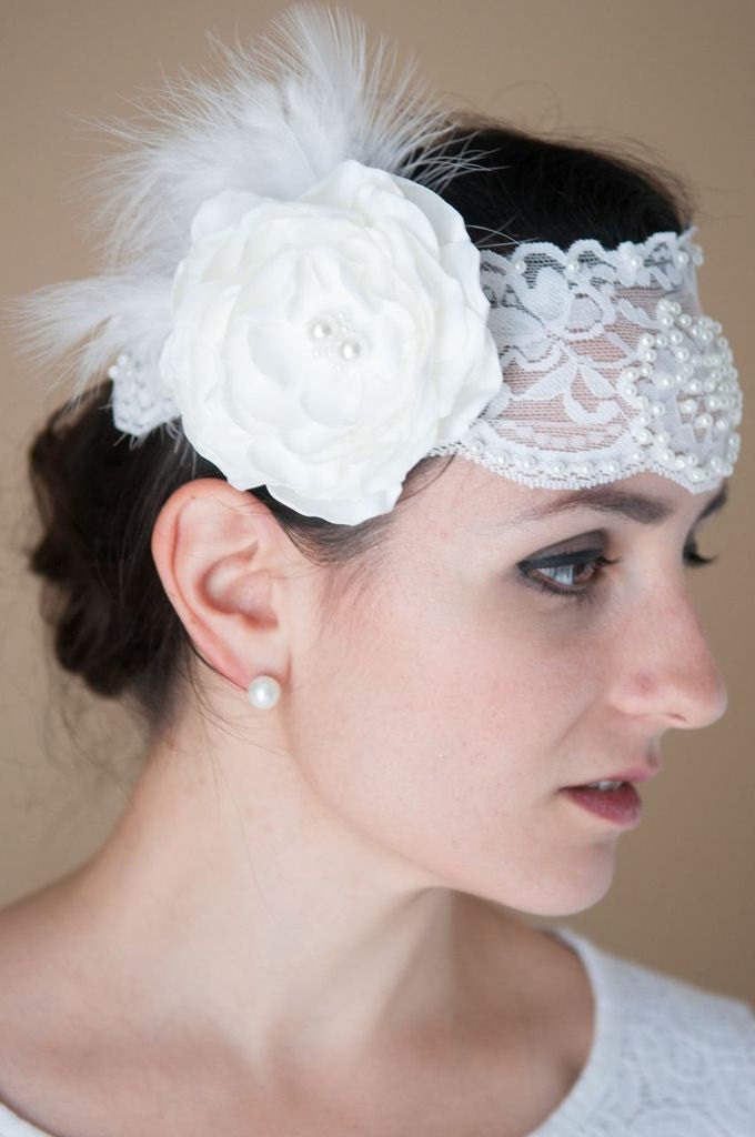 Rose - Gatsby White Romantic Lace, Pearls, Flower, and Feathers Vintage Inspired Bridal Headband, Wedding Headband, 1920s, Bride, OOAK