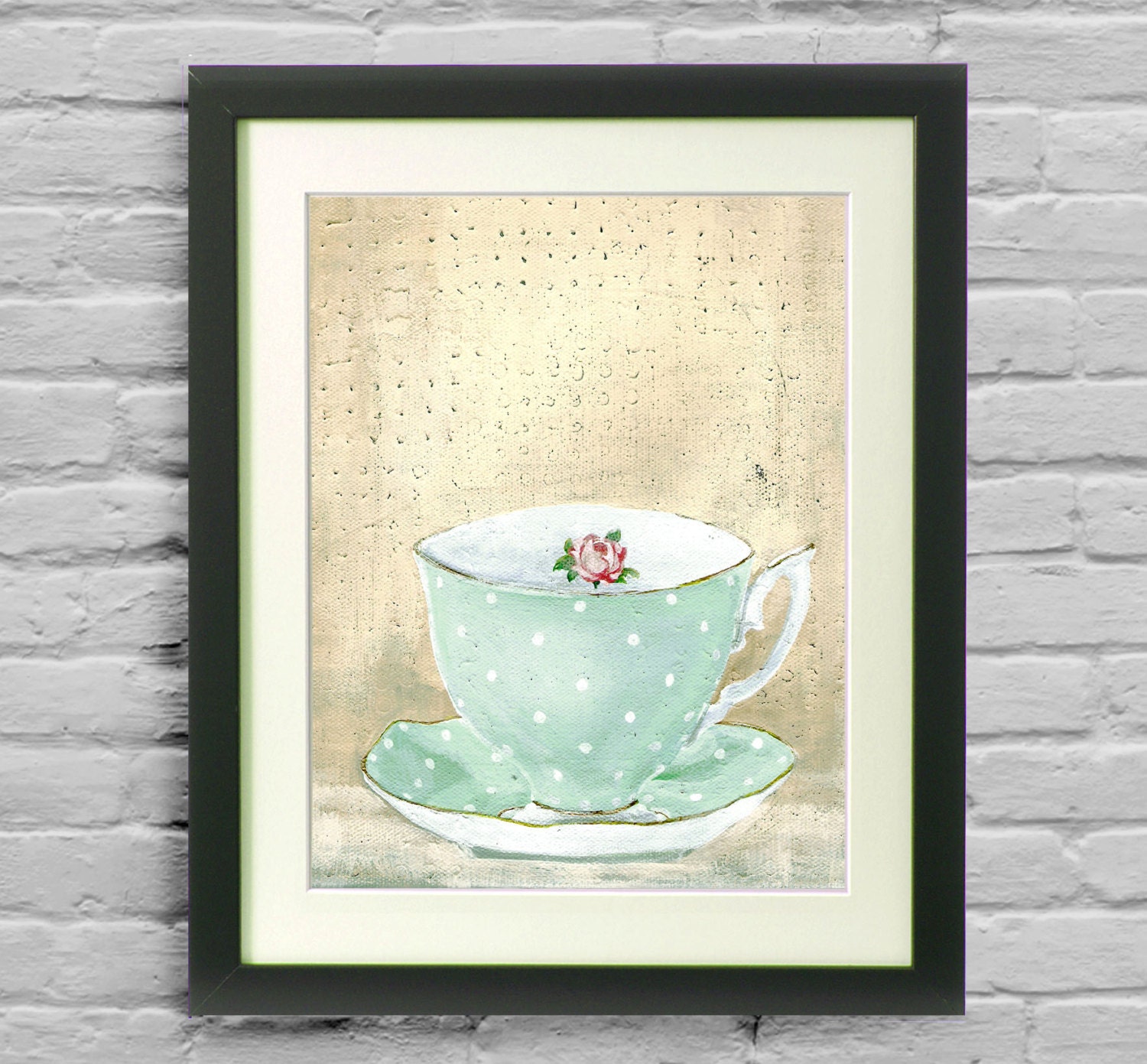 Kitchen Art Vintage teacup Tea Cup Print Mint Cream Rose Shabby Chic Home Decor - sherrinelsonstudio