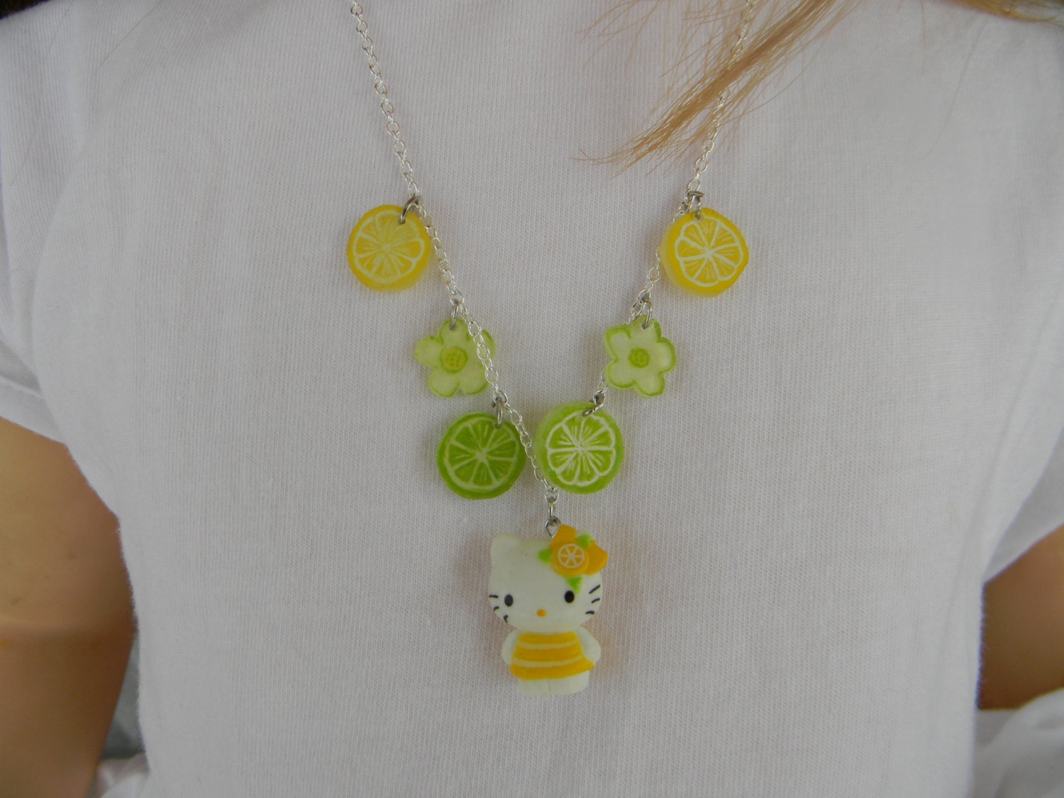 Lemon Hello Kitty and handmade lemon-lime slice shrinky dink sterling silver necklace