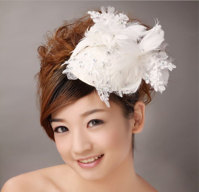 Bridal fascinator handmade with white lace, rhinestones, and feathers - Style No. 301 - Kate