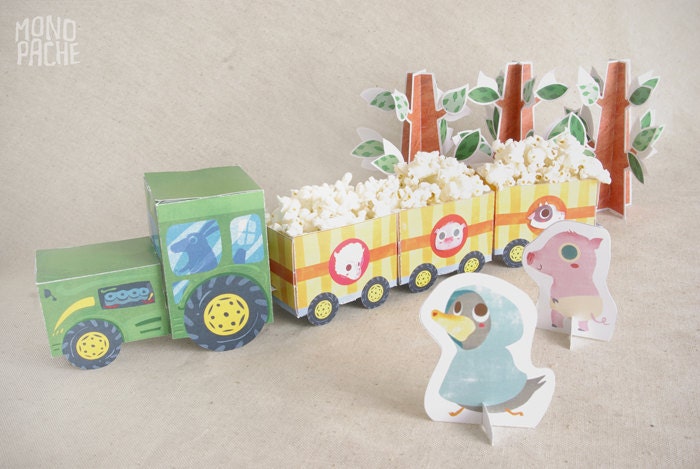 Tractor with trailers - Farm Party -  printable paper toy -  by Monopache