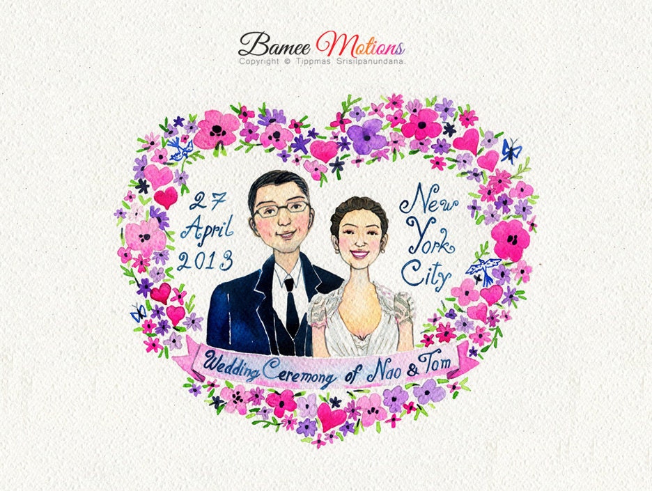 SAVE THE DATE An original watercolor couple portrait , custom portrait, custom portrait with nice background, custom illustration.
