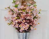 NOW 40% off - Code 40off - Cherry Blossoms Wreath - Galvanized Tin Pail, Burlap, Door Wreath, Spring Wreath, Summer Wreath, Flower