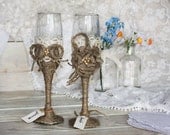 The bride and groom Rustic Chic Wedding glasses with rope, lace, pearl handmade flower