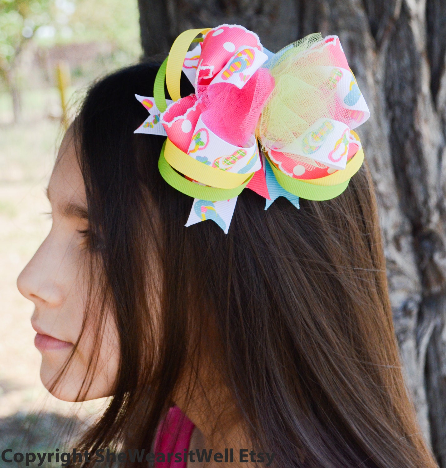 Big Hair Bows For Girls-Summer Lovin, Boutique Bow, Polka Dot, Hot Pink Green and Yellow, Stacked, Flip Flop, Tulle, Boutique Hair  Bow
