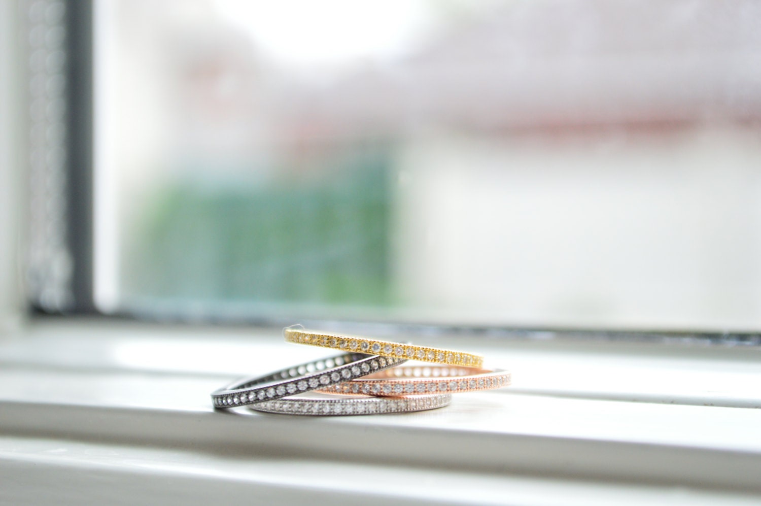 Gold Layering Ring - Sterling Silver Stacked Ring - Micro Pave Ring