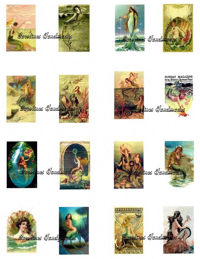 Vintage Mermaids Crazy Quilt Mini Reproduction Cotton Fabric Print Appliques