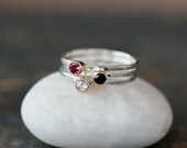 Pink Pop Stacking Rings Trio Three Gemstone Solitaire Sterling Silver 14k Yellow Gold Set Bands Mixed Metal Fine Jewelry