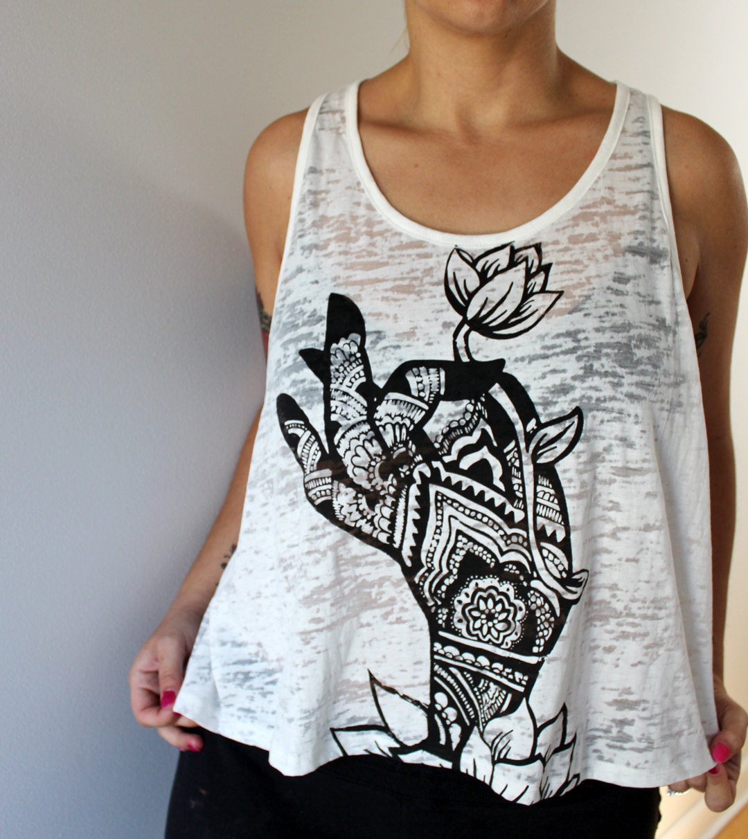 SALE Cream Crop Burnout Tank with Mehndi Henna Lotus Hand Screen Print - Large