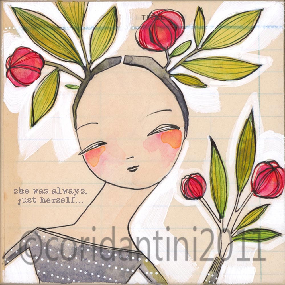 watercolor portrait of a woman - she was always just herself -  8 x 8 inch limited edition archival... away she went by cori dantini