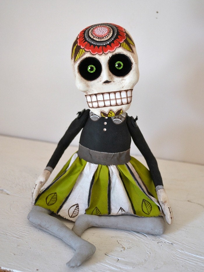 Day of the Dead Sugar Skull Poppy Doll Sculpture-- Original Hand Painted Folk Art Skeleton OOAK