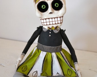 Day of the Dead Sugar Skull Poppy Doll Sculpture-- Original Hand Painted Folk Art Skeleton OOAK