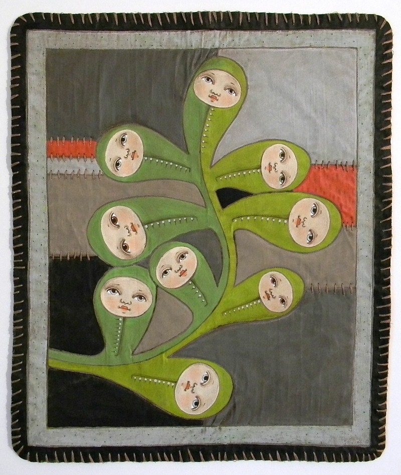 Baby Leaves-- OOAK Quilted Painting Original Hand Painted Embroidery Doll Folk Art Wall Hanging