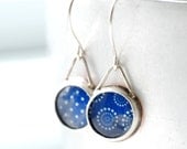 Metalwork Earrings, Dark Blue and White, Silver Earrings, Bezel Earrings, Dangle, Glass Earrings, Mod Earrings, Dotted, Wild Woman Jewelry